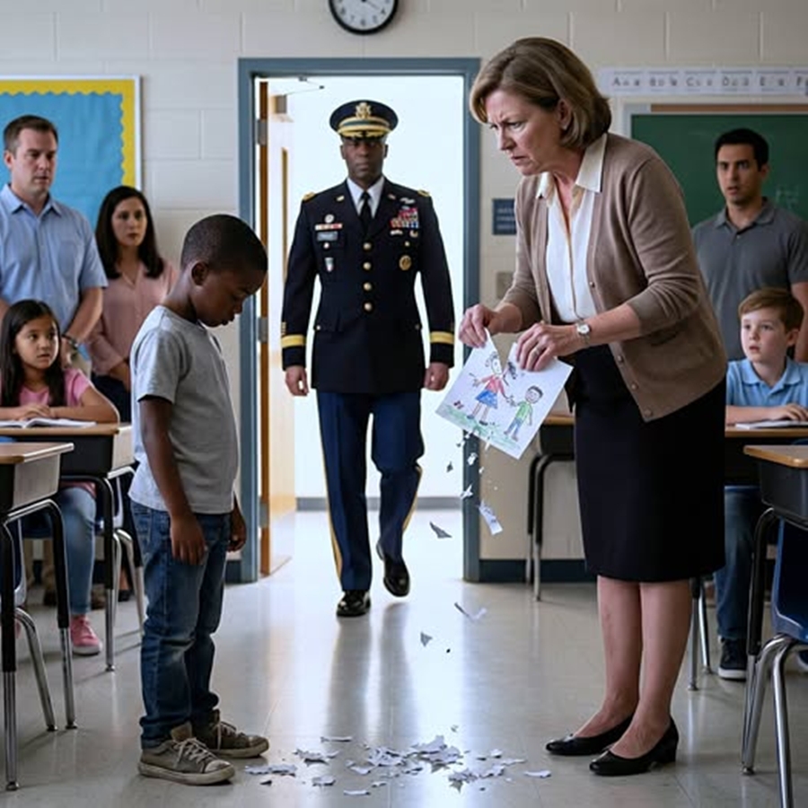 “Teacher Tore Up a Boy’s Homework for Claiming His Dad Was a General—Seconds After Calling Him a Liar, the Classroom Door Opened and Everything Changed…”