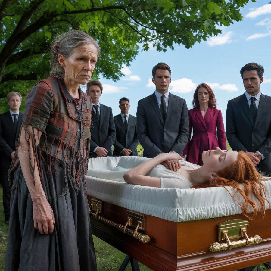 “Stop the funeral! She’s still breathing!” the old homeless woman screamed, shoving through a crowd of stunned mourners as a billionaire’s daughter was lowered into her grave. Gasps rippled through the cemetery. “You’re about to bury her alive!” she cried. No one believed her—until a tiny fog appeared on the mirror beneath the girl’s nose. But if the doctors were wrong about her death… what else had they missed?