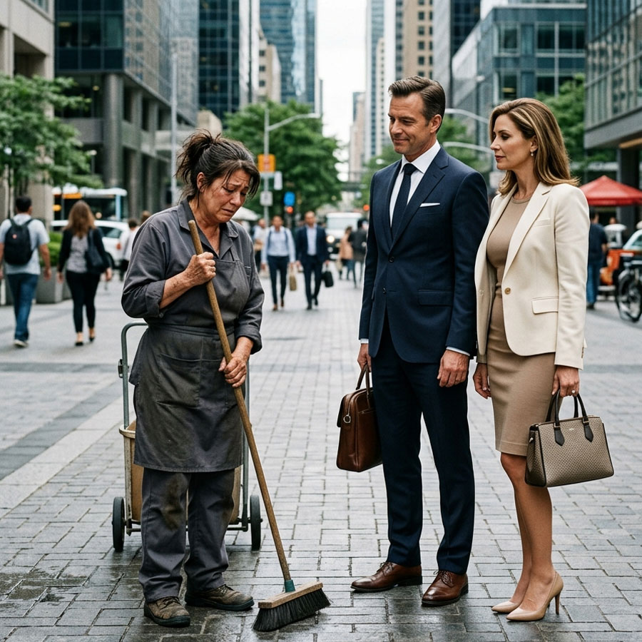 He smirked when he saw me sweeping outside his dream office tower. His fiancée laughed, called me pathetic, and he told me I didn’t belong there. What they didn’t know was that in thirty minutes, they would walk into a boardroom and learn the woman they mocked owned the entire building. By then, it was too late to take back a single word.