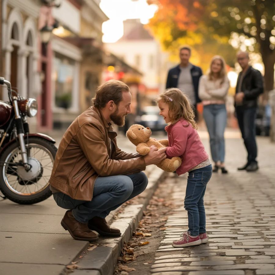 Parents locked their doors whenever he rode past, fearing the intimidating biker. But everything changed when the six-foot-five man gently returned a repaired teddy bear to a crying child, revealing a kindness no one expected to see.