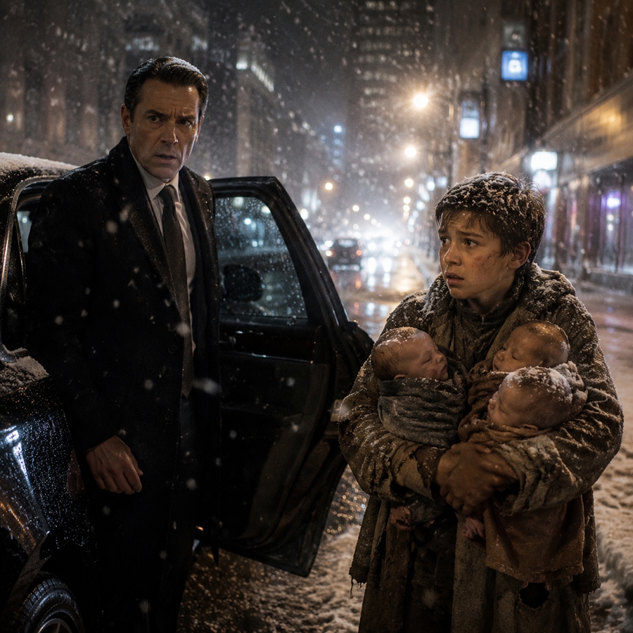 “A Billionaire Ordered His Driver to Keep Going—Then He Saw a Boy Walking Through a Blizzard Carrying Three Babies, and Everything Changed in One Second”