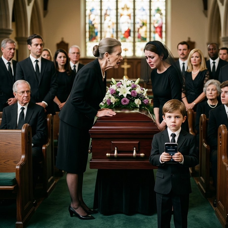 “At Her Husband’s Funeral, a Mother-in-Law Humiliated the Widow in Front of Everyone—Until an 8-Year-Old Boy Stood Up Holding His Dead Father’s Phone and Asked a Question That Made the Entire Room Realize the Funeral Was Hiding a Secret Recording No One Was Supposed to Hear”