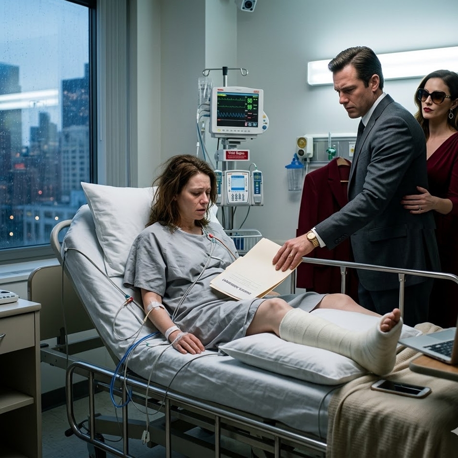 “After a Devastating Car Crash Left Her in a Hospital Bed With a Broken Leg, Her Husband Walked In With His Mistress and Handed Her Divorce Papers—What He Didn’t Know Was That She Had Already Secretly Bought Controlling Shares in His Company, and His Entire Empire Was About to Collapse From That Very Room”