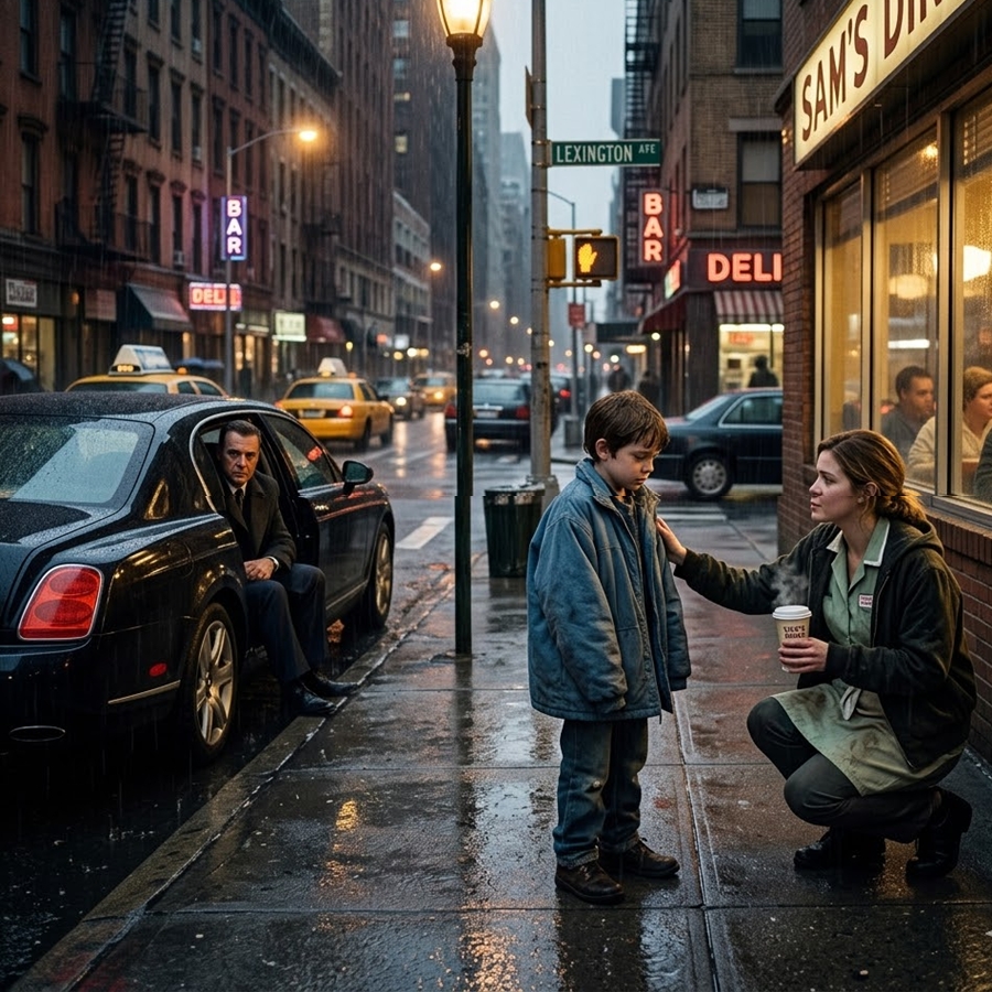 She Took a Shivering Boy Inside Her Diner During a Storm—But She Had No Idea His Father Was Watching From a Black Car Across the Street… Until He Finally Walked In and Everything Changed