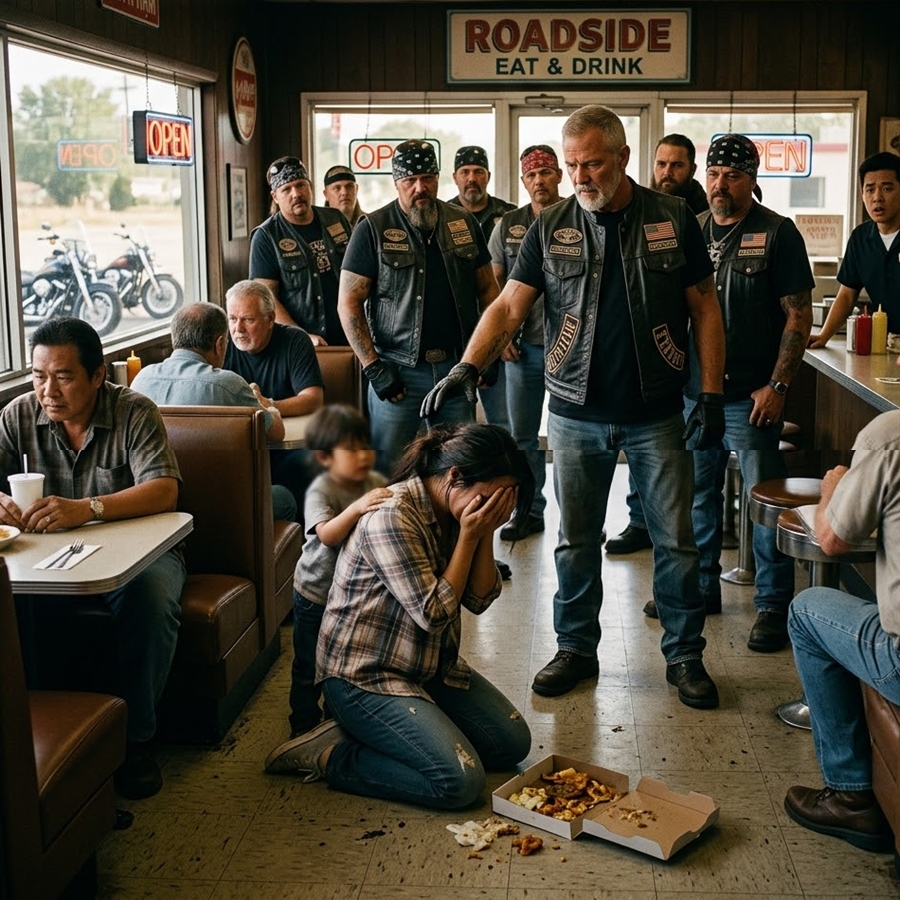“A Diner Manager Shoved a Starving Mother to the Floor—But Everything Changed the Moment a Group of Bikers Walked In and Saw What He Did”