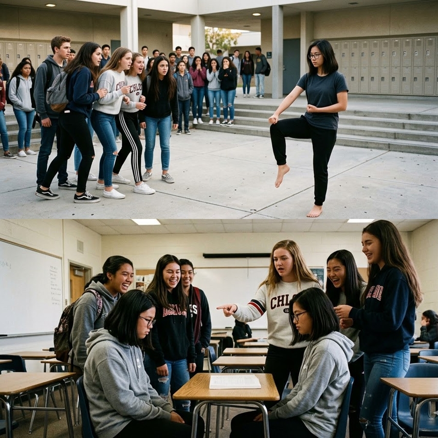 “They Drenched the New Girl in Front of the Whole School—But No One Expected the Silence That Followed When She Finally Stood Up”