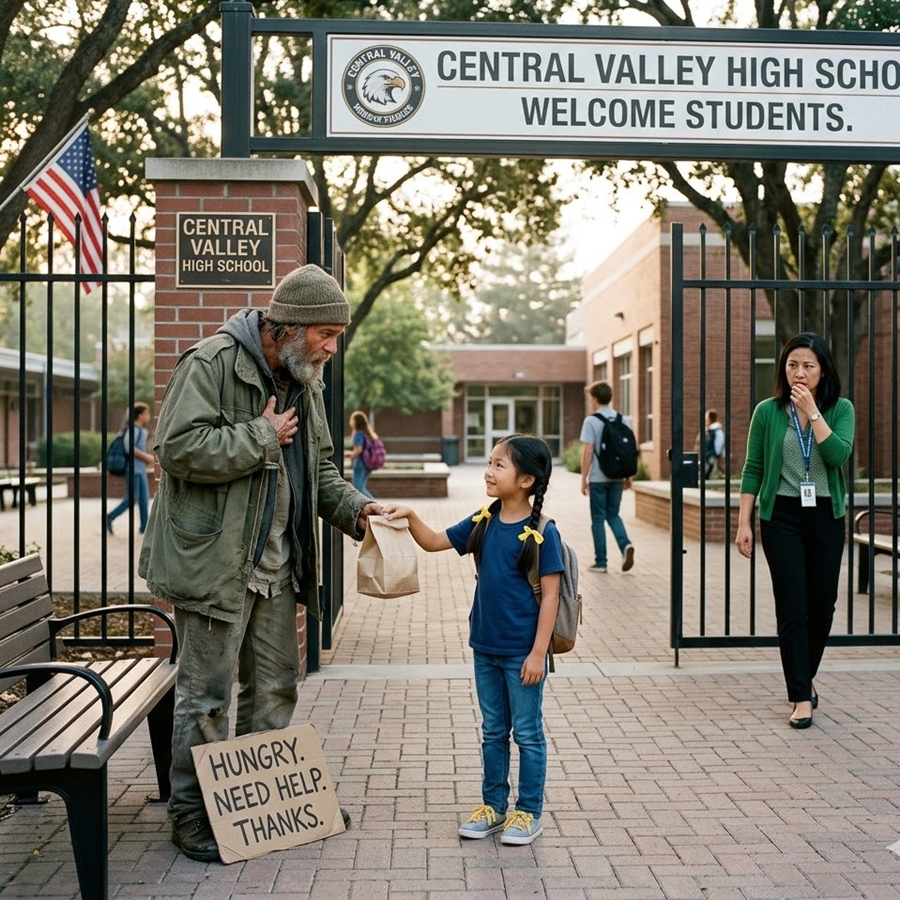 “An 8-Year-Old Girl Gave Her Entire Lunch to a ‘Homeless Man’ Outside School—What Happened When Her Teacher Confronted Him Left the Entire Campus Speechless, Until a Black Car Arrived and Revealed the Man Was Not Who Anyone Thought He Was…”