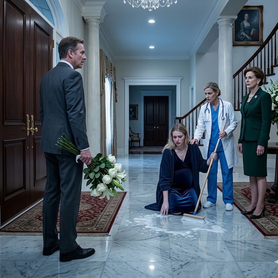 “He Came Home With Roses for His Pregnant Wife… And Froze When He Saw Her Being Forced to ‘Clean Her Sin’ in His Own House”