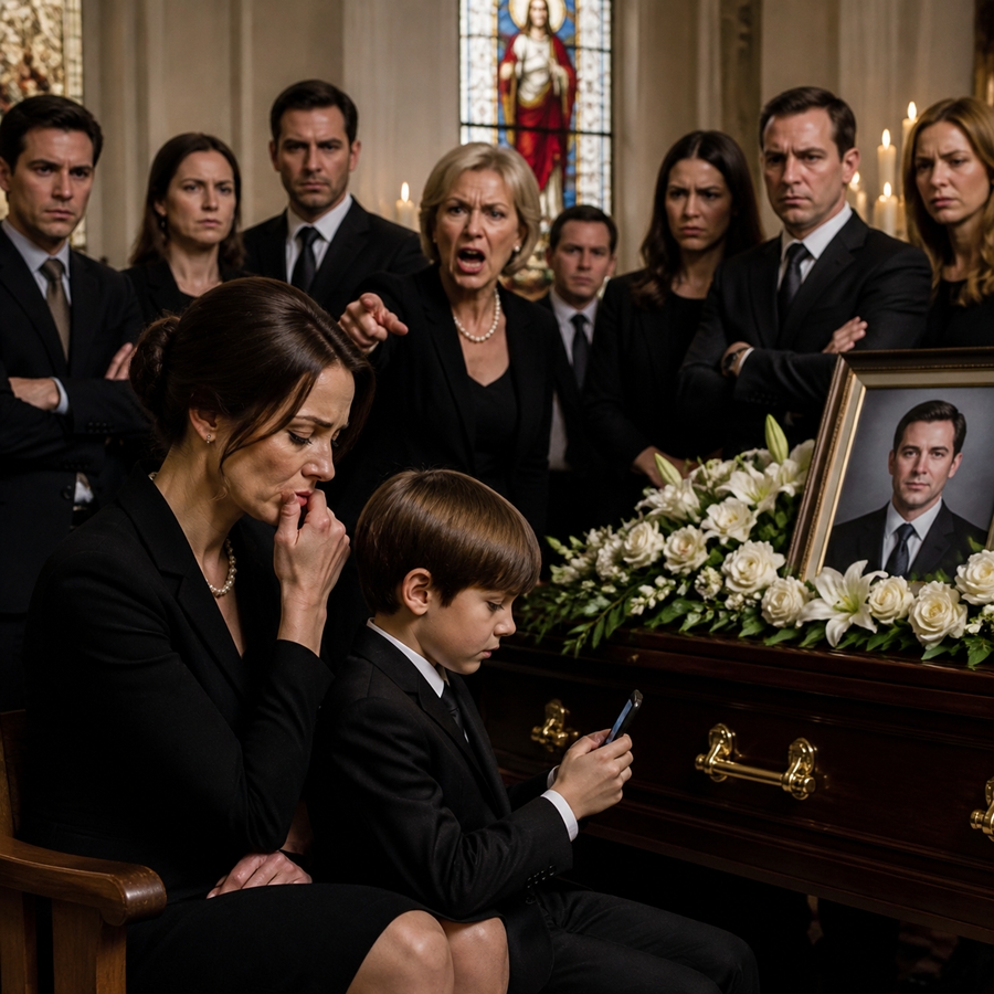 “At My Husband’s Funeral, His Mother Tried to Destroy Me—But My 8-Year-Old Son Played a Recording That Turned the Entire Chapel Silent”