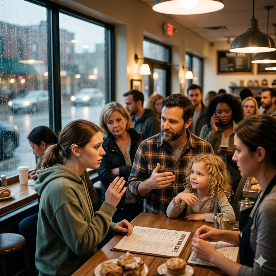 “A Deaf Woman Was Humiliated at a Crowded Café—Then a Stranger Suddenly Started Signing, and Everything Went Silent…”