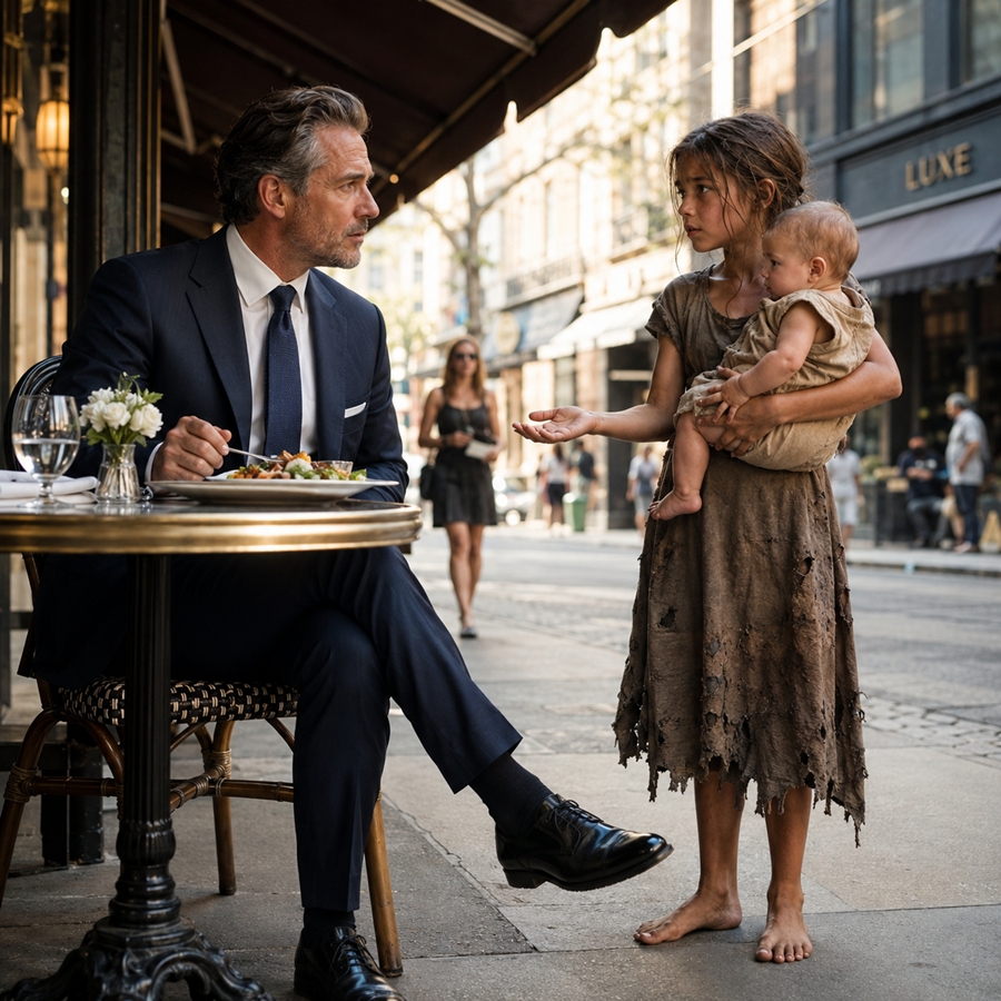 A Billionaire Sat Alone at a Sunny Café—Then a Barefoot Girl Holding a Baby Asked for His Leftovers, and His Response Changed Everything