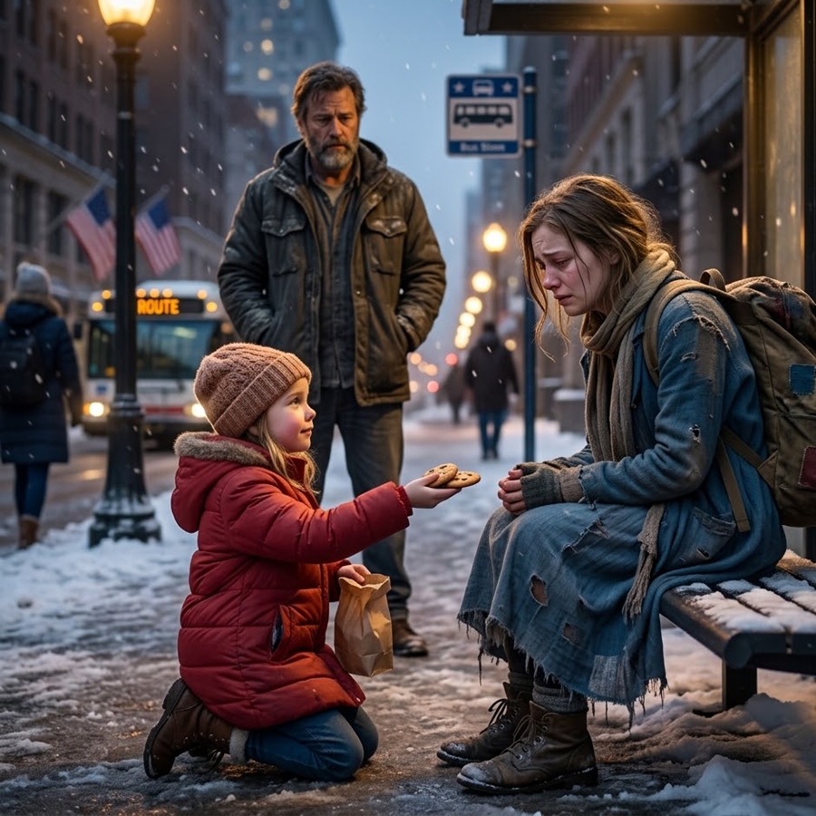 A homeless 24-year-old woman freezing alone at a snow-covered bus stop thought her life was over—until a 4-year-old girl in a gray knitted cap walked up, handed her a bag of warm cookies, and whispered: “You need a home, and I need a mommy.” What happened next between the grieving father, the broken stranger, and the child who refused to let her go will leave you questioning everything about fate, loss, and the strangers who save us.