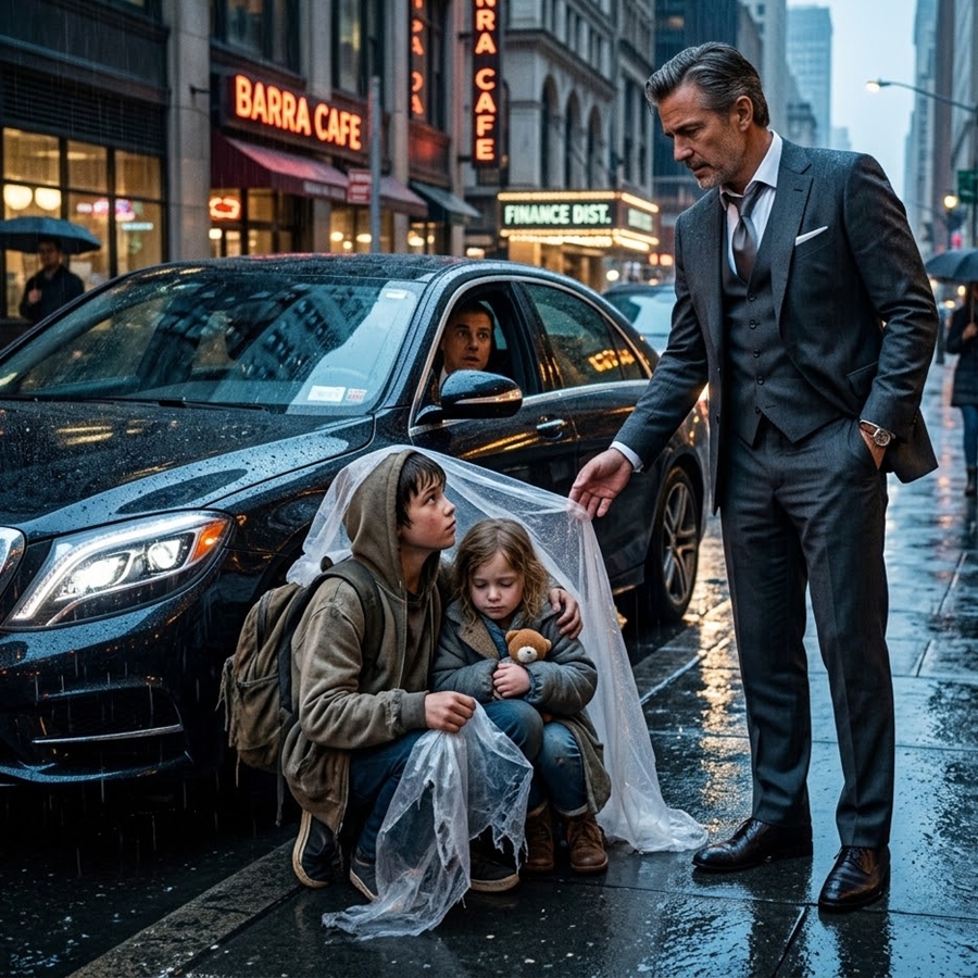A powerful businessman stepping out of his car in the rain thought it would be just another ordinary night—until he noticed two starving children hiding under a plastic sheet on the sidewalk. A 7-year-old boy clutching bread and a 5-year-old girl whispering they had been thrown out by their mother for “bringing bad luck” would change everything he believed about family, fate, and humanity… but what he did next stunned everyone who ever knew him.