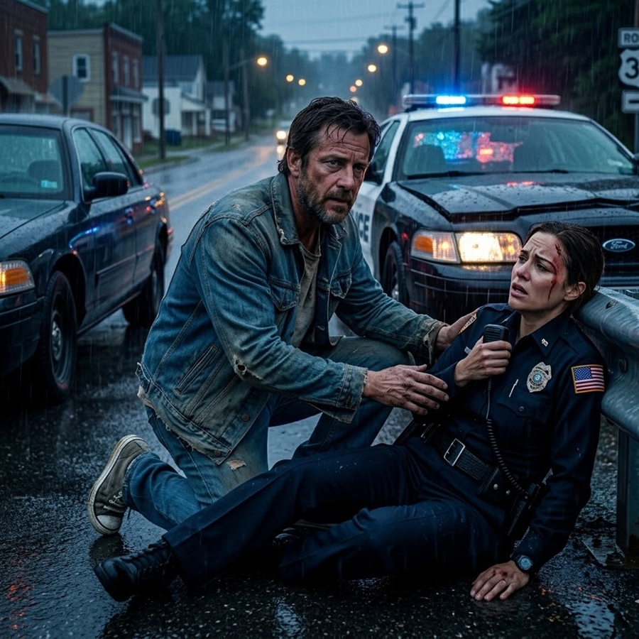 A Single Father Pulled Over in a Storm—What He Found Beside a Crashed Patrol Car Forced an Entire Police Department to Reopen a Case They Thought Was Already Over… But the Truth Behind That Night Is Even More Disturbing Than Anyone Expected