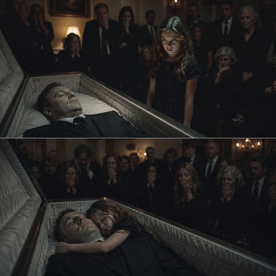 “An 8-Year-Old Climbed Into Her Father’s Coffin During the Funeral — But When She Whispered ‘He’s Still Warm,’ Everything Was Suddenly Stopped”