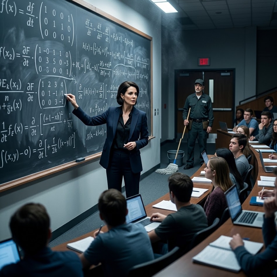 “The Professor Dared Anyone to Solve Her Impossible Equation — But When the Janitor Walked Forward, the Entire Lecture Hall Went Silent”