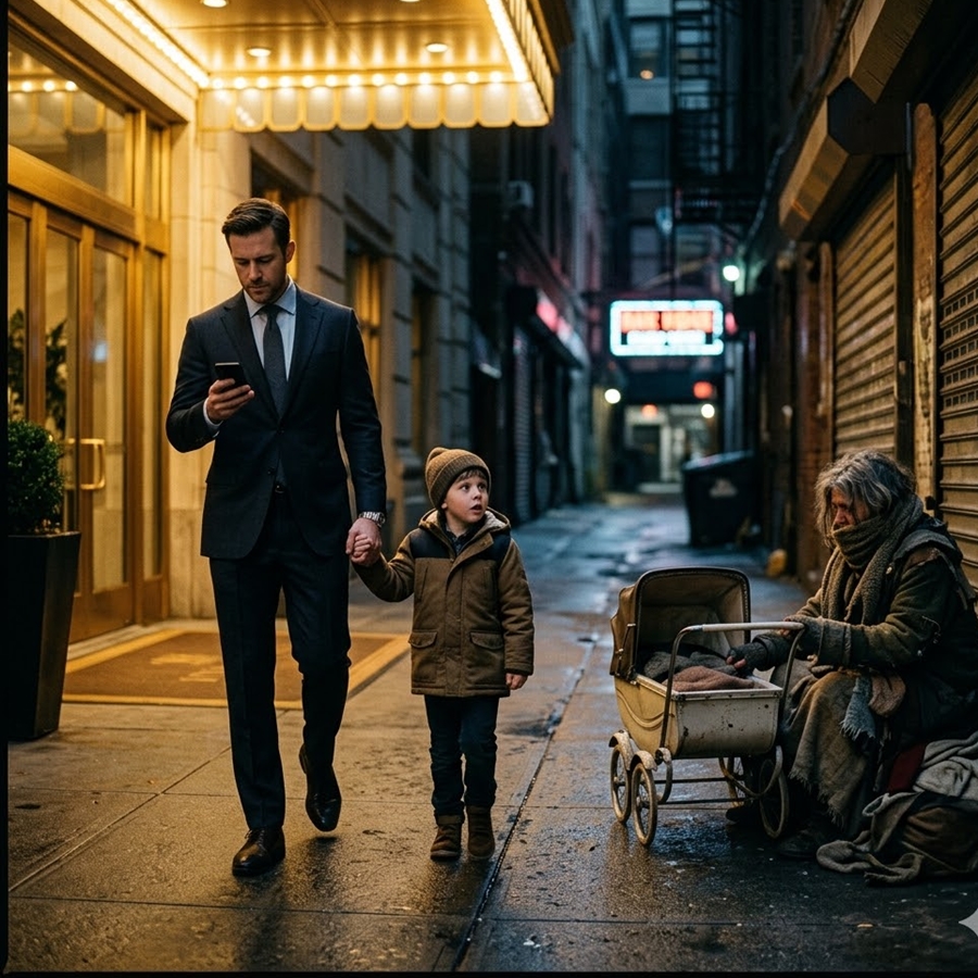 “A Millionaire Ignored a Homeless Woman on the Street—Until His Son Suddenly Stopped, Looked Back, and Whispered: ‘Dad… That’s Mom’”