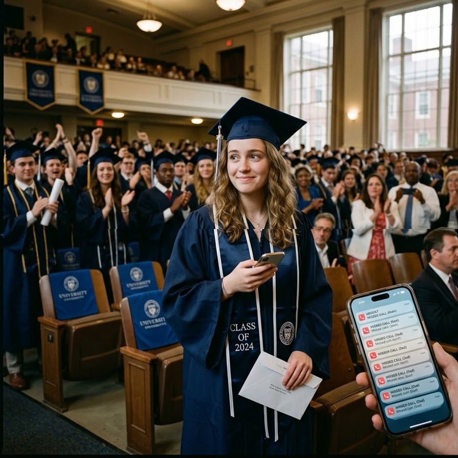 “She Graduated at the Top of Her Class in a Packed University Auditorium, But When She Noticed Her Family’s Empty Seats and Opened a Mysterious Envelope Hidden Inside Her Diploma Folder—72 Urgent Missed Calls Began Pouring In, Revealing That Her Graduation Day Was Never Meant to Celebrate Her Success… It Was the Day Everything She Believed About Her Family Started Falling Apart”
