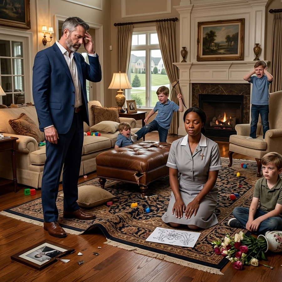 “Billionaire’s Quadruplets Drove Away 22 Nannies—But What He Saw the New Maid Doing in the Destroyed Playroom Left Him Frozen at the Door”