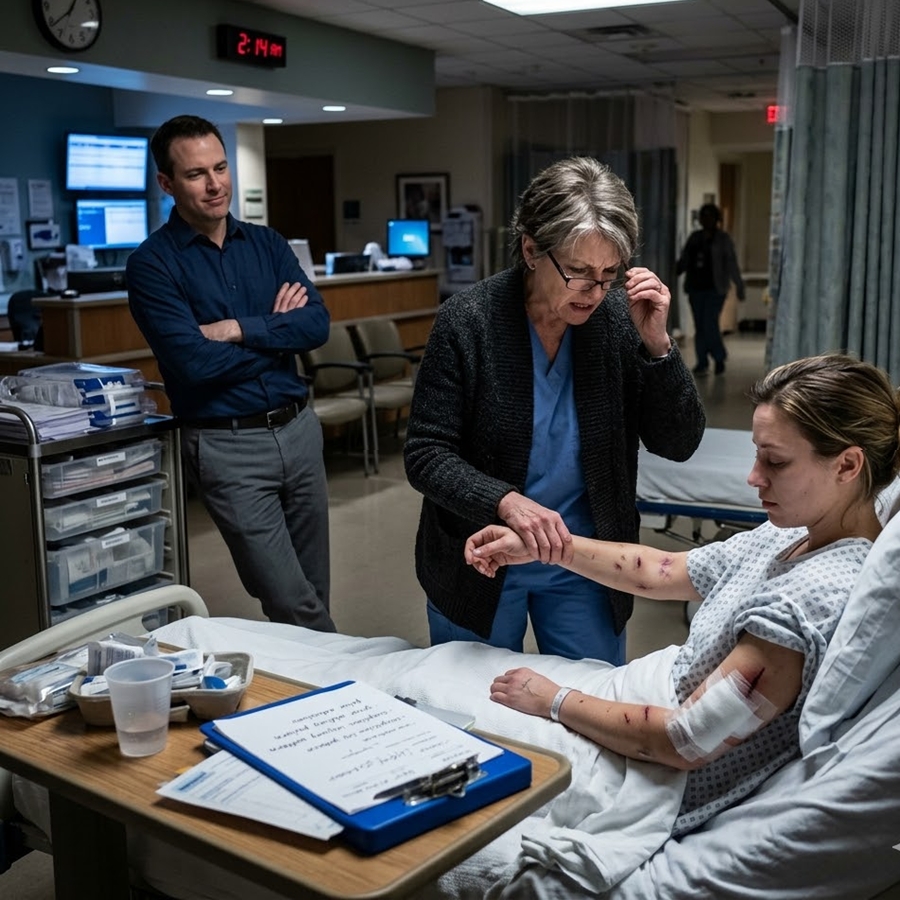 “Retired Surgeon Arrives at ER for Her Daughter—What She Sees on Her Back Makes Her Husband Smile… Until She Quietly Turns and Says One Sentence That Ends His Control Forever”